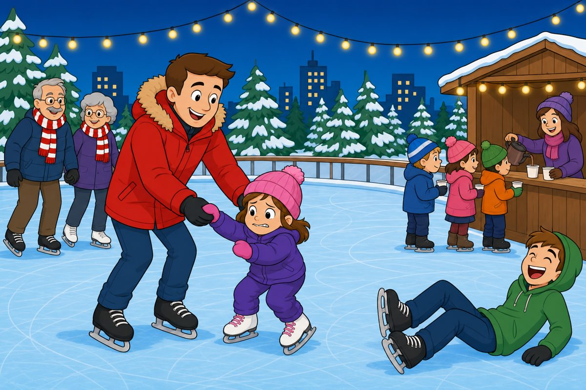 An outdoor skating rink in a city on a winter evening, with a father helping his daughter skate, a teenager who has fallen, an older couple, and a hot chocolate stand