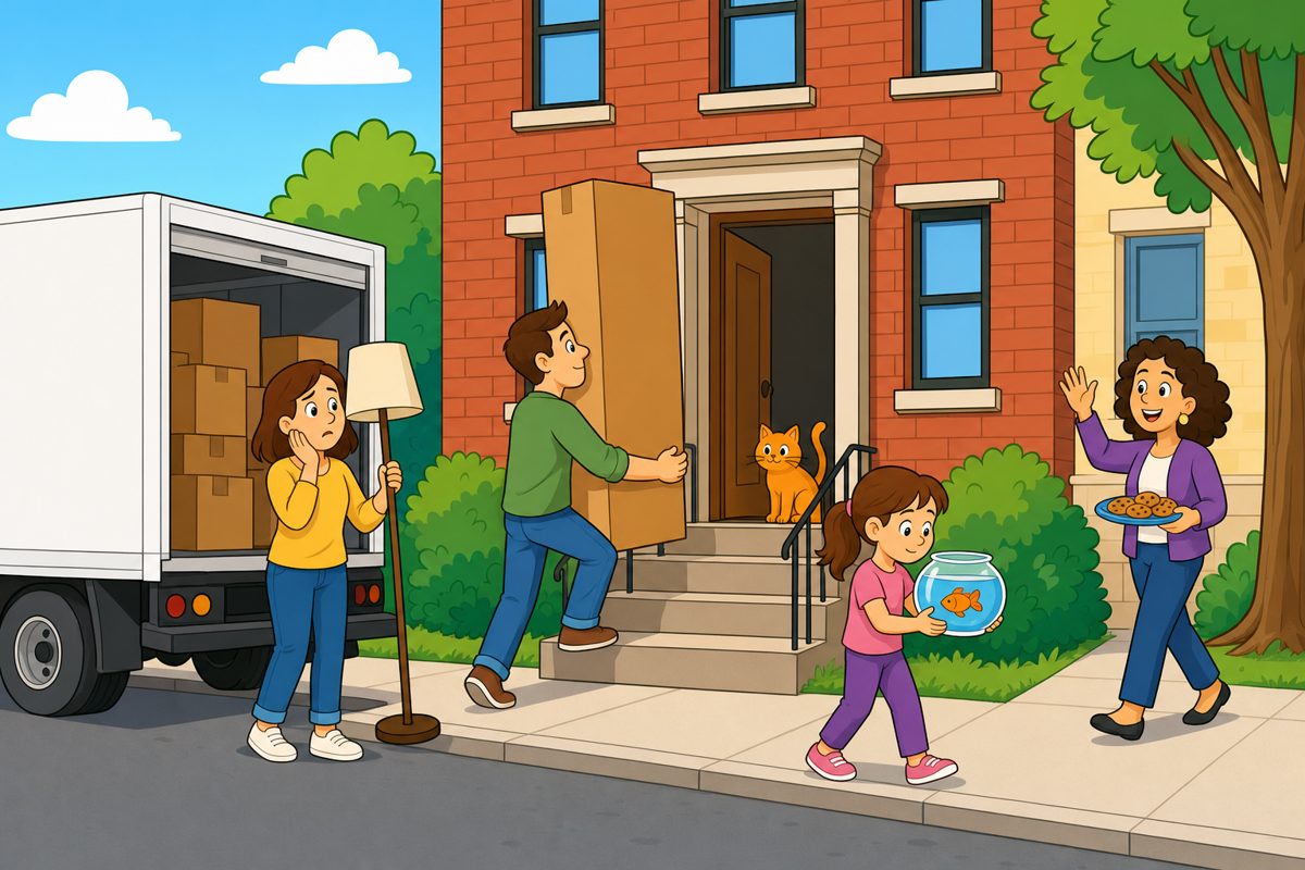 Moving day outside an apartment building: a father carrying a tall box, a cat in the doorway, a girl with a goldfish bowl, a worried mother with a lamp, and a neighbor with cookies